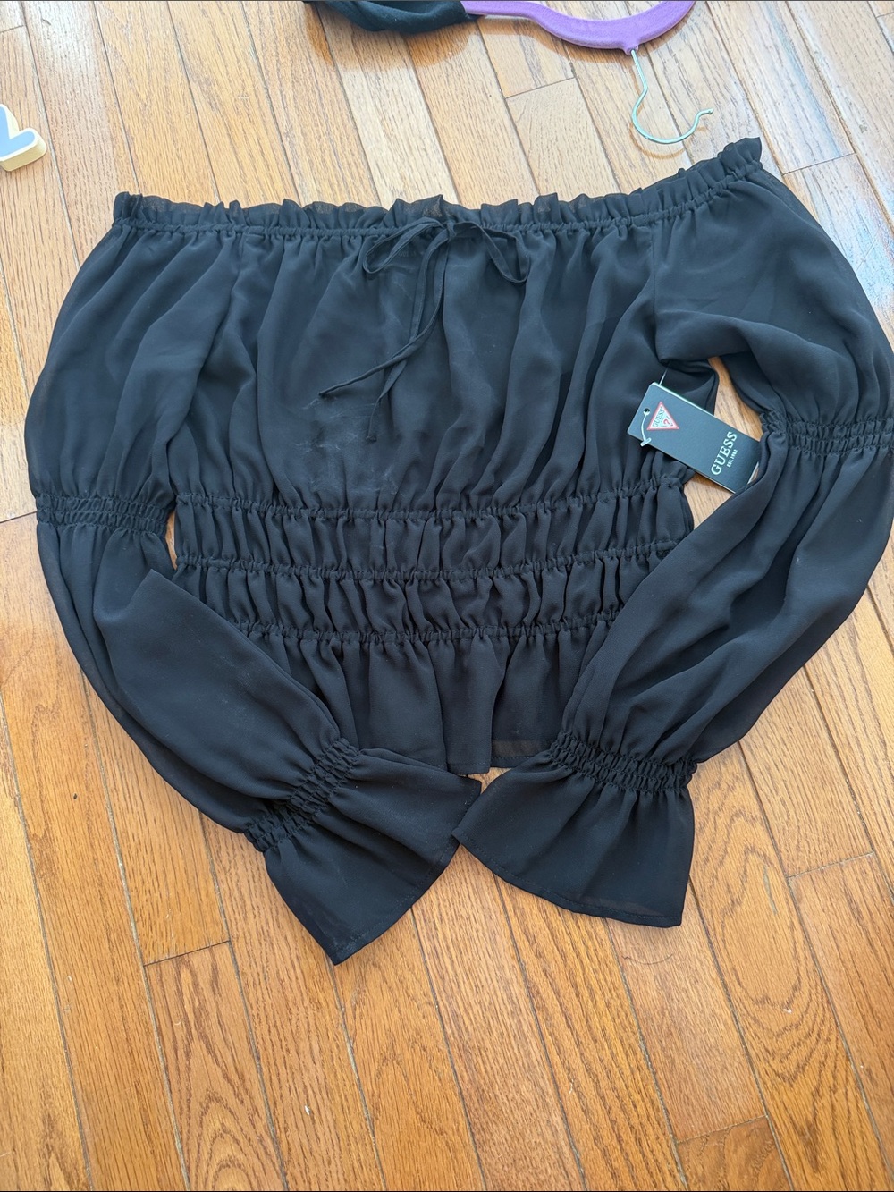 Guess Black Off-the-Shoulder Smocked Top